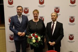 OB Tobias Schick , Projektbeauftragte  Dr. Ulrike Gutheil  und Stadtverordnetenvorsteher Reinhard Drogla 