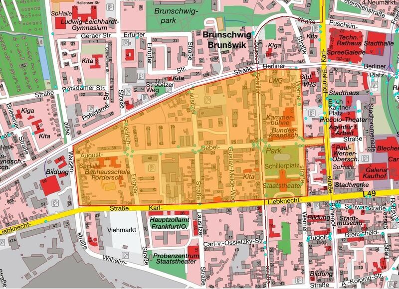 Betreffendes Wohngebiet zwischen Bahnhofstraße, Berliner Straße, Waisenstraße und Karl-Liebknecht-Straße
