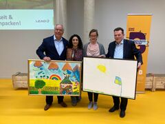 v. l. n. r.: Prof. Dr. Torsten Kunze (GWC Cottbus GmbH), Rana Shahbazi, Lea Brunn, Andreas Huck (LEAG)